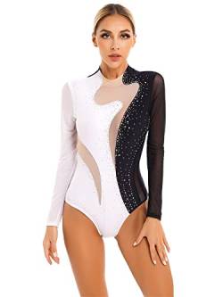 iEFiEL Damen Glitzer Ballettanzug Langarm Turnanzug Patchwork Body mit Strass Ballett Trikot Tanz-Body Gymnastikanzug B Schwarz + Weiß L von iEFiEL