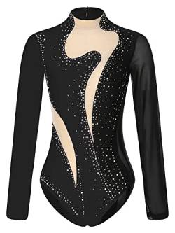 iEFiEL Damen Glitzer Ballettanzug Langarm Turnanzug Patchwork Body mit Strass Ballett Trikot Tanz-Body Gymnastikanzug B Schwarz L von iEFiEL