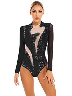 iEFiEL Damen Glitzer Ballettanzug Langarm Turnanzug Patchwork Body mit Strass Ballett Trikot Tanz-Body Gymnastikanzug B Schwarz M von iEFiEL