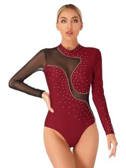 iEFiEL Damen Glitzer Ballettanzug Langarm Turnanzug Patchwork Body mit Strass Ballett Trikot Tanz-Body Gymnastikanzug Burgundy Langarm M von iEFiEL