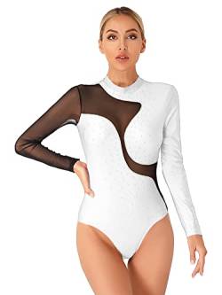 iEFiEL Damen Glitzer Ballettanzug Langarm Turnanzug Patchwork Body mit Strass Ballett Trikot Tanz-Body Gymnastikanzug Weiß Langarm M von iEFiEL