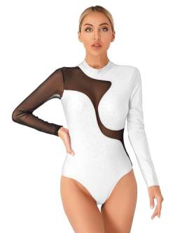 iEFiEL Damen Glitzer Ballettanzug Langarm Turnanzug Patchwork Body mit Strass Ballett Trikot Tanz-Body Gymnastikanzug Weiß Langarm S von iEFiEL