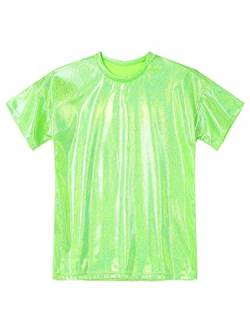 iEFiEL Damen Glitzer Top Metallic Oberteile Kurzarm Bluse Lässig Pub Rave Party Fesival Tops Casual Tee Shirts Fluoreszierendes Grün L von iEFiEL