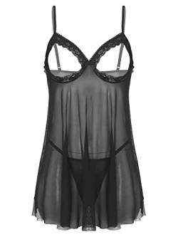 iEFiEL Damen Kleider Babydoll Brusftrei Lingerie Mesh Nachtkleid Nachtwäsche Dessous Set Sleepwear Dress Reizwäsche Negligee mit G-String Schwarz 5XL von iEFiEL