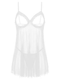 iEFiEL Damen Kleider Babydoll Brusftrei Lingerie Mesh Nachtkleid Nachtwäsche Dessous Set Sleepwear Dress Reizwäsche Negligee mit G-String Weiß 3XL von iEFiEL