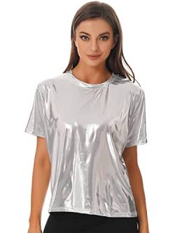 iEFiEL Damen Kurzarm Shirt Metallic Tops Loose Fit Oberteile Glitzer Rundhals T-Shirt Cozy Lässig Tops Kanreval Faschingskostüm T Silber M von iEFiEL