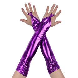 iEFiEL Damen Lackleder Fingerlose Handschuhe Metallic Armstulpen Glänzend Handschuhe Fasching Kostüm Zubehör Gothic Punk Tanz Party Clubwear A Lila One Size von iEFiEL