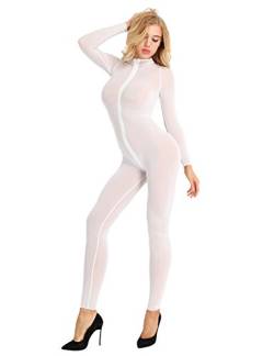 iEFiEL Damen Langarm Bodysuit mit Reißverschluss Open Crotch Transparent Body Strumpf Bodysuit Catsuit Reizwäsche Bodystocking Ouvert-Dessous Weiß Medium von iEFiEL