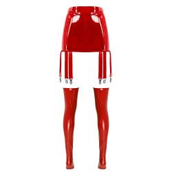 iEFiEL Damen Leder Optik Strumpfgürtel Strapsgürtel Strumpfband Punk Wetlook Gürtel Strapsen Lackleder Minirock Dessous Rot mit Kniestrümpfe M von iEFiEL