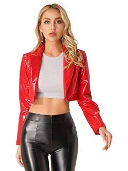 iEFiEL Damen Lederjacke Wetlook Blazer mit Revers Kurze Jacke Lackleder Bolero Bauchfrei Tops Oberbekleidung Rave Party Clubwear Rot M von iEFiEL