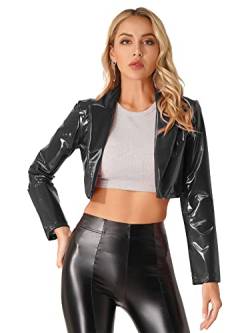 iEFiEL Damen Lederjacke Wetlook Blazer mit Revers Kurze Jacke Lackleder Bolero Bauchfrei Tops Oberbekleidung Rave Party Clubwear Schwarz 3XL von iEFiEL