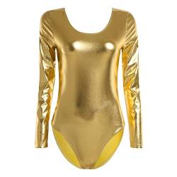 iEFiEL Damen Metallic Body Lackleder Bodysuit Catsuit Wetlook Jumpsuit Langarm/Kurzarm Turnanzug Ballettbody Trikotanzug Tanzkostüm Gold M von iEFiEL