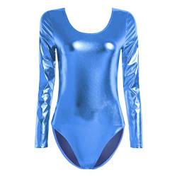 iEFiEL Damen Metallic Body Lackleder Bodysuit Catsuit Wetlook Jumpsuit Langarm/Kurzarm Turnanzug Ballettbody Trikotanzug Tanzkostüm Hellblau L von iEFiEL