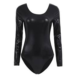 iEFiEL Damen Metallic Body Lackleder Bodysuit Catsuit Wetlook Jumpsuit Langarm/Kurzarm Turnanzug Ballettbody Trikotanzug Tanzkostüm Schwarz M von iEFiEL