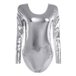 iEFiEL Damen Metallic Body Lackleder Bodysuit Catsuit Wetlook Jumpsuit Langarm/Kurzarm Turnanzug Ballettbody Trikotanzug Tanzkostüm Silber L von iEFiEL