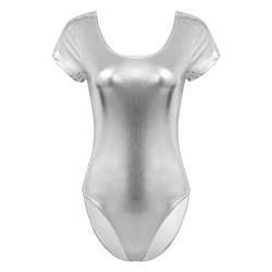 iEFiEL Damen Metallic Body Lackleder Bodysuit Catsuit Wetlook Jumpsuit Langarm/Kurzarm Turnanzug Ballettbody Trikotanzug Tanzkostüm V Silber 3XL von iEFiEL