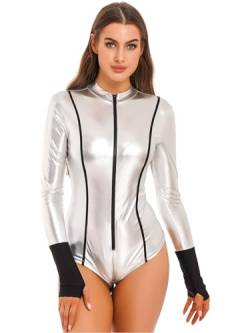 iEFiEL Damen Metallic Body Lackleder Bodysuit Catsuit Wetlook Jumpsuit Langarm/Kurzarm Turnanzug Ballettbody Trikotanzug Tanzkostüm Za Silber S von iEFiEL