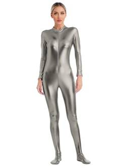 iEFiEL Damen Metallic Body Langarm Ganzanzug Overall Silber Bodysuit Einteiler Jumpsuit Karneval Faschingsksotüm Grau 3XL von iEFiEL
