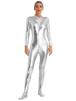 iEFiEL Damen Metallic Body Langarm Ganzanzug Overall Silber Bodysuit Einteiler Jumpsuit Karneval Faschingsksotüm Silber XL von iEFiEL