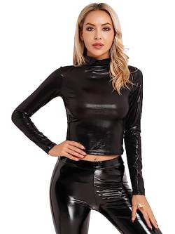 iEFiEL Damen Metallic Shirts Slim Fit Stehkragen Langarmshirts Wetlook Top Hippe Tanztop Party Crop Top Festival Kostüm Oberteile X Schwarz L von iEFiEL