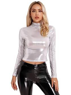 iEFiEL Damen Metallic Shirts Slim Fit Stehkragen Langarmshirts Wetlook Top Hippe Tanztop Party Crop Top Festival Kostüm Oberteile X Silber L von iEFiEL