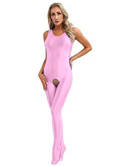 iEFiEL Damen Öl Ganzkörperanzug Offener Schritt Body Ärmellose Bodysuit Ganzanzug Glanzende Catsuit Jumpsuit Overall Rosa M von iEFiEL