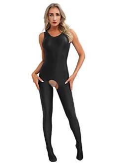 iEFiEL Damen Öl Ganzkörperanzug Offener Schritt Body Ärmellose Bodysuit Ganzanzug Glanzende Catsuit Jumpsuit Overall Schwarz XL von iEFiEL