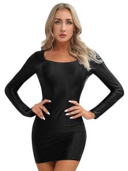 iEFiEL Damen Öl Minikleid Bodycon Kleid Langarm Glossy Kleider Figurbetont Partykleid Kurz Eng Clubkleid Nachtkleid X Schwarz XL von iEFiEL