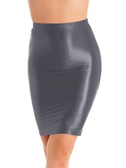 iEFiEL Damen Öl Rock Bodycon Midirock Shiny Bleistiftröcke Eng Röcke High Waist Partykleid Tanz Party Clubwear Grau L von iEFiEL