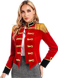 iEFiEL Damen Samt Blazer Jäckchen Ringmaster Kostüm Zirkus Stehkragen Kurzjacke mit Quasten Showman Kostüme Cosplay Vintage Jacke Outerwear Rot S von iEFiEL