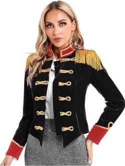 iEFiEL Damen Samt Blazer Jäckchen Ringmaster Kostüm Zirkus Stehkragen Kurzjacke mit Quasten Showman Kostüme Cosplay Vintage Jacke Outerwear Schwarz L von iEFiEL