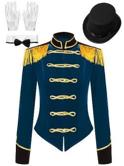 iEFiEL Damen Samt Blazer Jäckchen Ringmaster Kostüm Zirkus Stehkragen Kurzjacke mit Quasten Showman Kostüme Cosplay Vintage Jacke Outerwear X Dunkelblau mit Hut und Handschuhe 3XL von iEFiEL