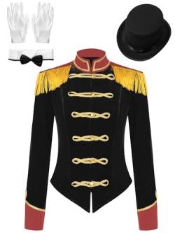 iEFiEL Damen Samt Blazer Jäckchen Ringmaster Kostüm Zirkus Stehkragen Kurzjacke mit Quasten Showman Kostüme Cosplay Vintage Jacke Outerwear X Schwarz mit Hut und Handschuhe M von iEFiEL