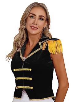 iEFiEL Damen Samt Blazer Jäckchen Ringmaster Kostüm Zirkus Stehkragen Kurzjacke mit Quasten Showman Kostüme Cosplay Vintage Jacket Outerwear X Schwarz XL von iEFiEL