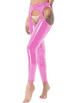 iEFiEL Damen Sexy Leggings Lackleder Hosen mit Ouvert Pants Skinny Lederhose Schwarz Stretch Hose Clubwear Gogo Kostüm TA Rosa Aushöhlen M von iEFiEL