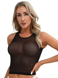 iEFiEL Damen Sport BH Bauchfrei Oberteil Crop Tops Transparent Mesh Top Kurz Weste Tank Top Mesh Unterhemd Unterwäsche Schwarz Weiß Schwarz Tanktop S von iEFiEL