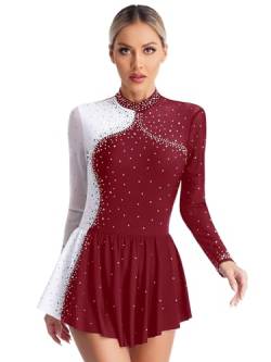 iEFiEL Damen Tanzkleid Patchwork Eiskunstlauf Kleid Ballettanzug mit Strass Rollkunstlauf Wettbewerb Tanzkostüm Kürkleid Xa Burgundy L von iEFiEL