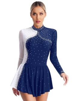 iEFiEL Damen Tanzkleid Patchwork Eiskunstlauf Kleid Ballettanzug mit Strass Rollkunstlauf Wettbewerb Tanzkostüm Kürkleid Xa Navy blau XL von iEFiEL