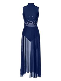 iEFiEL Damen Tanzkleid mit Strass Mesh Ballettkleid Ballett Trikotanzug Jumpsuit Tanzbody Overall Gymnastik Wettbewerb Tanzkostüm Marineblau XXL von iEFiEL