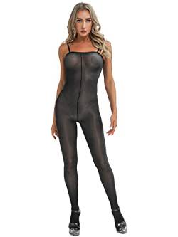 iEFiEL Damen Transparen Bodystocking Ouvert Body Ärmellose Bodysuit Spaghettiträger Unterhemd Nylon Strumpf Legging Schwarz Einheitsgröße von iEFiEL