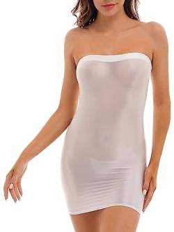 iEFiEL Damen Transparent Mesh Bodycon Minikleid mit Glänzende Strasssteine Erotik Lingerie Babydoll Negligee Stretch Dessous Nachtwäsche Weiß Öl M von iEFiEL