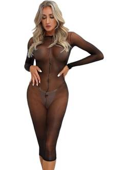 iEFiEL Damen Transparent Midikleid Langarm Kleid Stretch Eng Kleider Einfarbig Nachtkleid Erotik Negligee Bodystocking Xb Schwarz Einheitsgröße von iEFiEL