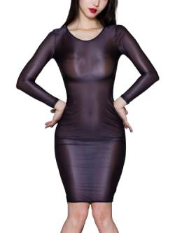 iEFiEL Damen Transparent Midikleid Langarm Kleid Stretch Eng Kleider Einfarbig Nachtkleid Erotik Negligee Bodystocking Xc Schwarz Einheitsgröße von iEFiEL