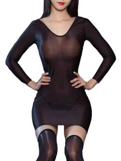 iEFiEL Damen Transparent Midikleid Langarm Kleid Stretch Eng Kleider Einfarbig Nachtkleid Erotik Negligee Bodystocking Zb Schwarz Einheitsgröße von iEFiEL