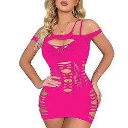 iEFiEL Damen Transparent Netzkleid Bodycon Minikleid Kurz Nachtkleid Ärmellose Kleider Rave Party Clubwear Bikini Cover up Rosa Einheitsgröße von iEFiEL