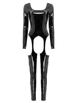iEFiEL Damen Wetlook Jumpsuit mit Reißverschluss Leder-Look Body Catsuit glänzend Overall Dessous Ouvert-Leggings Clubwear Tc Schwarz 4XL von iEFiEL