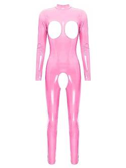 iEFiEL Damen Wetlook Jumpsuit mit Reißverschluss Leder-Look Body Catsuit glänzend Overall Dessous Ouvert-Leggings Clubwear Td Rosa 3XL von iEFiEL