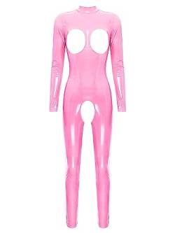 iEFiEL Damen Wetlook Jumpsuit mit Reißverschluss Leder-Look Body Catsuit glänzend Overall Dessous Ouvert-Leggings Clubwear Td Rosa L von iEFiEL
