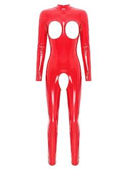 iEFiEL Damen Wetlook Jumpsuit mit Reißverschluss Leder-Look Body Catsuit glänzend Overall Dessous Ouvert-Leggings Clubwear Td Rot S von iEFiEL