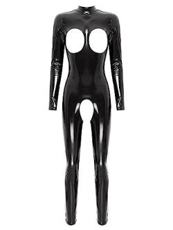 iEFiEL Damen Wetlook Jumpsuit mit Reißverschluss Leder-Look Body Catsuit glänzend Overall Dessous Ouvert-Leggings Clubwear Td Schwarz 3XL von iEFiEL